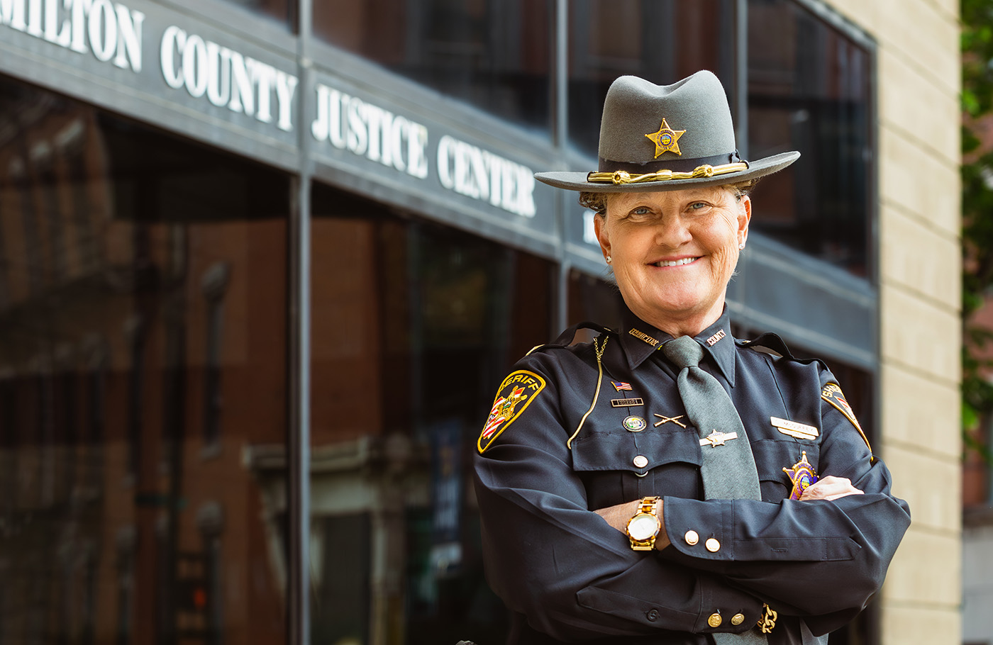 Sheriff McGuffey in uniform in front of the Hamilton County OH Justice Center